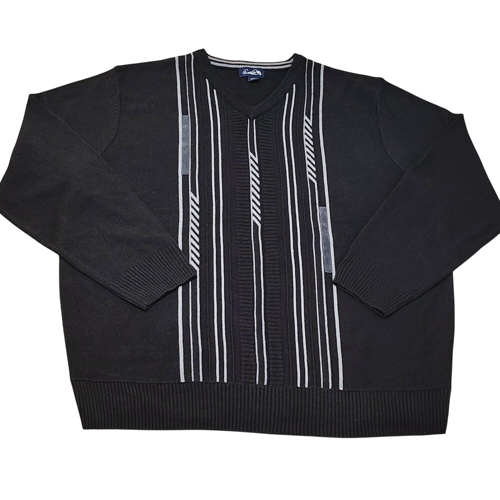Arnold Palmer Sweater Mens XL Black Stripe V Neck Knit Pullover Golf Casual